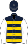 DARK BLUE, GOLD hoops, WHITE sleeves, DARK BLUE cap