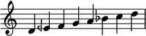  \relative c' { \time 8/4 \omit Staff.TimeSignature d4 eeh f g a bes c d \bar "|" } 