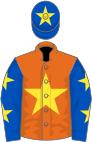 Orange, yellow star, royal blue sleeves, yellow stars, royal blue cap, yellow star
