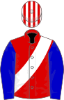 Red, White sash, striped cap, Blue sleeves