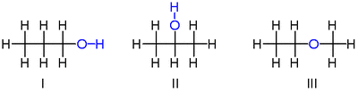 Structural isomers of C 3H 8O: I 1-propanol, II 2-propanol, III ethyl-methyl-ether.