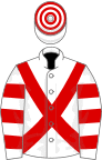 White, red cross-belts, hooped sleeves and cap