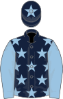 Dark blue, light blue stars, light blue sleeves, dark blue cap, light blue star