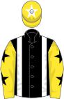 Black, white braces, yellow sleeves, black stars, yellow cap, white star