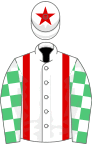 White, red braces, emerald green and white check sleeves, white cap, red star
