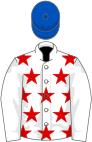 White, red stars on body, royal blue cap