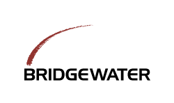 Image of Bridgewater Associates logo. Letters for Bridgewater are capitalized in a black sans serif font. Over the name there is a red curve emerging from the letter B and ending half way across the name (in the sky like a firework that explodes to the right).