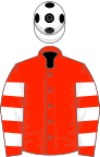Scarlet, White hooped sleeves and cap with Black spots