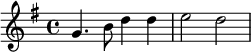\relative c' {\set Staff.midiInstrument = #"tubular bells" \key g \major g'4. b8 d4 d e2 d}