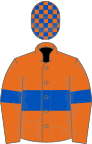 Orange, royal blue hoop and armlet, check cap