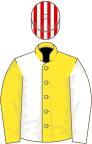Yellow and White (halved), sleeves reversed, Red and White striped cap