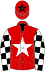 Red, white star, black and white check sleeves, red cap, black star