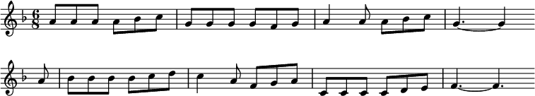  \new Staff << \clef treble \key f \major { \time 6/8 \partial 2. \relative a' { a8 a a a bes c | g8 g g g f g | a4 a8 a bes c | g4.~ g4 \bar"" \break a8 | bes8 bes bes bes c d | c4 a8 f g a | c,8 c c c d e | f4.~ f4. \bar"" \break } } %\new Lyrics \lyricmode { %} >> \layout { indent = #0 } \midi { \tempo 4. = 56 } 