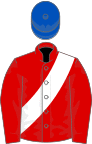 Red, white sash, royal blue cap