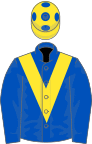 Royal blue, yellow chevron, yellow cap, royal blue spots
