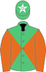 Emerald green and orange diabolo, orange sleeves, emerald green cap, white star