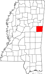 Map of Mississippi highlighting Noxubee County