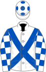 White, royal blue cross belts, check sleeves, white cap, royal blue spots
