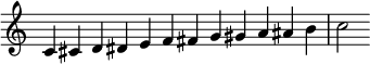  { \override Score.TimeSignature #'stencil = ##f \relative c' { \clef treble \time 12/4 c4 cis d dis e f fis g gis a ais b c2 } } 