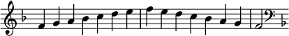  { \override Score.TimeSignature #'stencil = ##f \relative c' { \clef treble \key f \major \time 7/4 f4 g a bes c d e f e d c bes a g f2 \clef bass \key f \major } } 