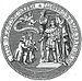 The seal of the Dominion of New England. The text around its border reads (in abbreviated Latin) "HIB : REX : FIDEI : DEFEN · JACOBUS : II : D : G : MAG : BRIT: FRAN". This is abbreviated Latin for "Iacobus Secundus Dei Gratia Magnae Britanniae, Franciae et Hiberniae Rex, Fidei Defensor", which reads in English as "James the Second, by the grace of God, of Great Britain, France and Ireland, King, Defender of the Faith". The king is shown with two people, a white man and an Indian, kneeling before him with gifts. Above them is a cherub holding a banner that reads "NUNQUAM LIBERTAS GRATIR EXTAT". This is an abbreviated quotation, whose full text is "Nunquam libertas gratior extat Quam sub rege pio", in English "Never does liberty appear in a more gracious form than under a pious king".