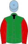 Green, red sleeves, light blue cap