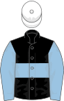 Black, light blue hoop and sleeves, white cap