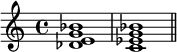  { \relative c' { \time 4/4 <des e g bes>1 <c es g bes> \bar "||" } } 