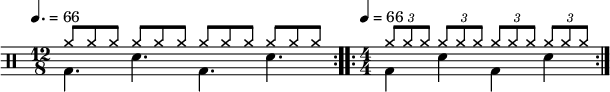  \new Staff << \new voice \relative c' { \clef percussion \time 12/8 \tempo 4. = 66 \stemDown \repeat volta 2 { g4. d' g, d' } \numericTimeSignature \time 4/4 \tempo 4 = 66 \stemDown \repeat volta 2 { g,4 d' g, d' } } \new voice \relative c'' { \override NoteHead.style = #'cross \stemUp \repeat volta 2 { a8 a a a a a a a a a a a } \stemUp \repeat volta 2 { \tuplet 3/2 { a8 a a } \tuplet 3/2 { a8 a a } \tuplet 3/2 { a8 a a } \tuplet 3/2 { a8 a a } } } >> 