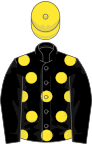 Black, yellow spots on body, yellow cap