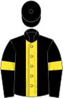 Black, yellow stripe, black sleeves, yellow armlets, black cap