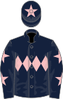 Dark blue, pink triple diamond, dark blue sleeves, pink stars, dark blue cap, pink star