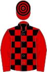 Red and black check, red sleeves, hooped cap