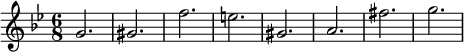  { \relative c'' { \time 6/8 \key bes \major g2. gis f' e gis, a fis' g } } 