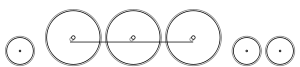 Diagram of one small leading wheel, three large driving wheels joined together with a coupling rod, and two small trailing wheels