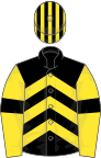 BLACK and YELLOW CHEVRONS, yellow sleeves, black armlet, black and yellow striped cap