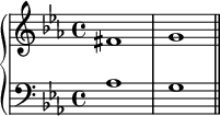  { \new PianoStaff << \new Staff << \relative c' { \clef treble \key c \minor \time 4/4 fis1 g } >> \new Staff << \relative c' { \clef bass \key c \minor \time 4/4 aes1 g \bar "||" } >> >> } 