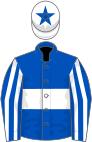 Royal blue, white hoop, striped sleeves, white cap, royal blue star
