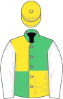 Emerald green and yellow quartered, white sleeves, yellow cap