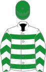 White, green hoops, chevrons on sleeves, green cap
