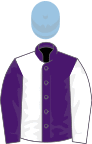 Purple and white (halved), sleeves reversed, light blue cap