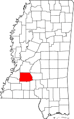 Map of Mississippi highlighting Copiah County