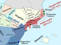 a colour map of the western Mediterranean region showing the areas controlled by Rome and Carthage.