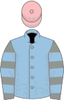 Light blue, grey and light blue hooped sleeves, pink cap