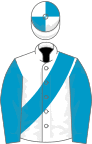 White, turquoise blue sash and sleeves, quartered cap