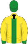 Yellow, green stripe and cuffs, green cap