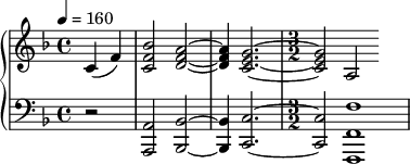 { \new PianoStaff << \new Staff \relative c' { \clef treble \key f \major \time 4/4 \tempo 4 = 160 \partial 2*1 c4( f) | <bes f c>2 <a f d>~ | <a f d>4 <g e c>2.~ | \time 3/2 <g e c>2 a,2 } \new Staff \relative c { \clef bass \key f \major \time 4/4 r2 | <a a,>2 <bes bes,>2~ | <bes bes,>4 <c c,>2.~ | \time 3/2 <c c,>2 <f f, f,>1 } >> }