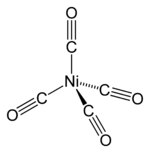 A nickel atom with four single bonds to carbonyl (carbon triple-bonded to oxygen; bonds via the carbon) groups that are laid out tetrahedrally around it