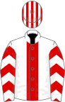 White, red stripe and chevrons on sleeves, striped cap