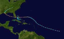 The path of Hurricane Andrew, which starts in the open Atlantic Ocean and tracks northwestward. It curves westward while between Puerto Rico and Bermuda, eventually crossing the Bahamas and Florida. In the Gulf of Mexico, the track re-curves into Louisiana and stops over eastern Tennessee.